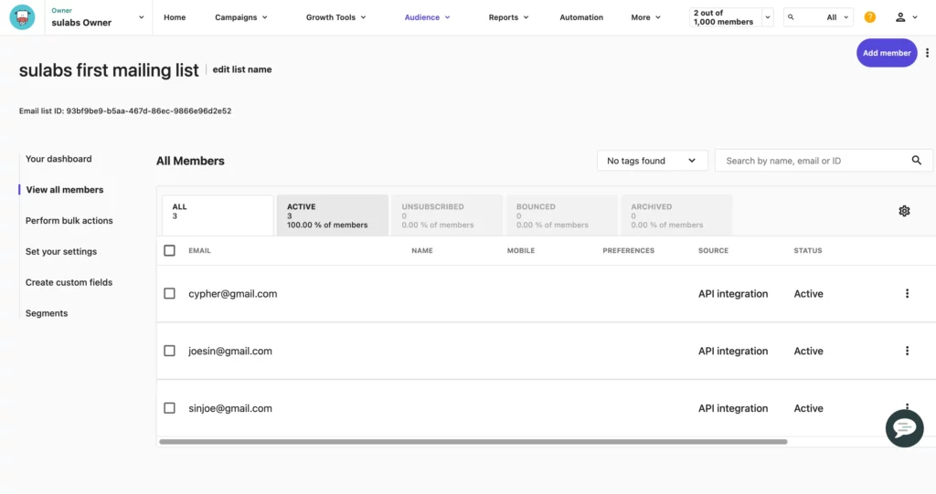 Moosend dashboard- Audience