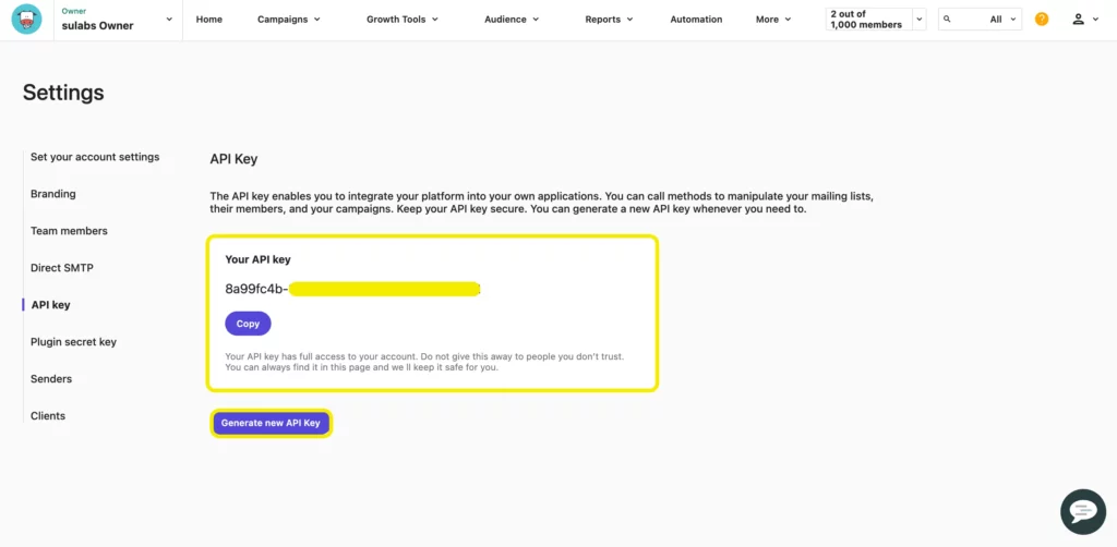 Moosend dashboard API key