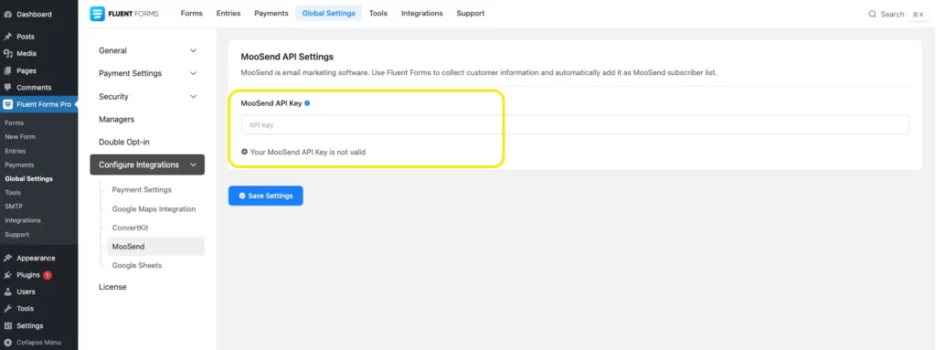 Moosend API key from Fluent Forms dashboard