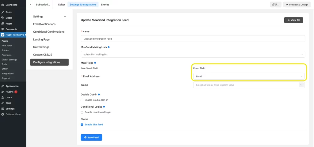 Map fields Moosend with Fluent Forms