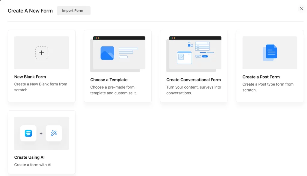 Create a new from with Fluent Forms for reservation requests: choose New blank form, template, or create using AI.