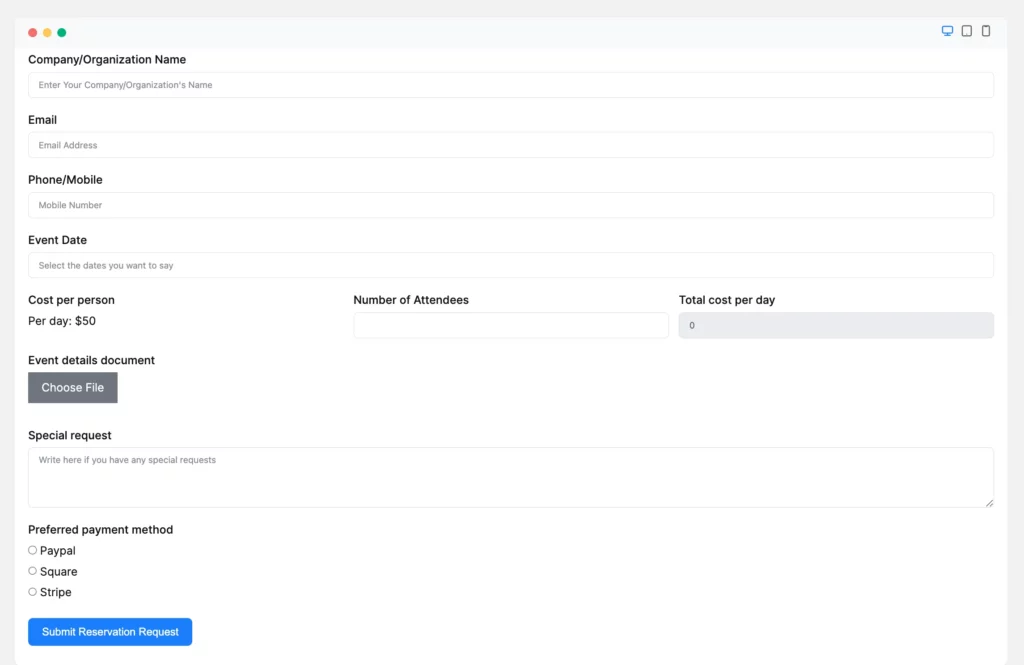 Preview and example of an ideal reservation form using Fluent Forms for WordPress site. Visitors can easily request a reservation using an online form that includes calculation, file upload, radio fields, etc.