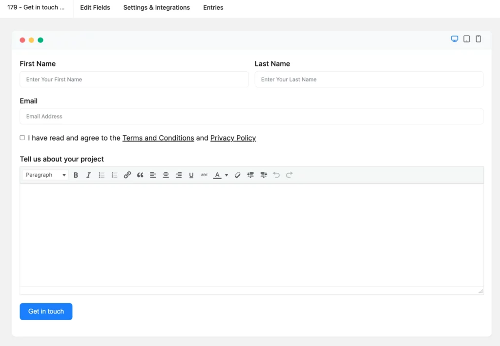 Build effective get in touch for WordPress and hear from your site visitors. Use terms and conditions checkbox and customizable paragraph creation facility for the users with the rich text input field in Fluent Forms.