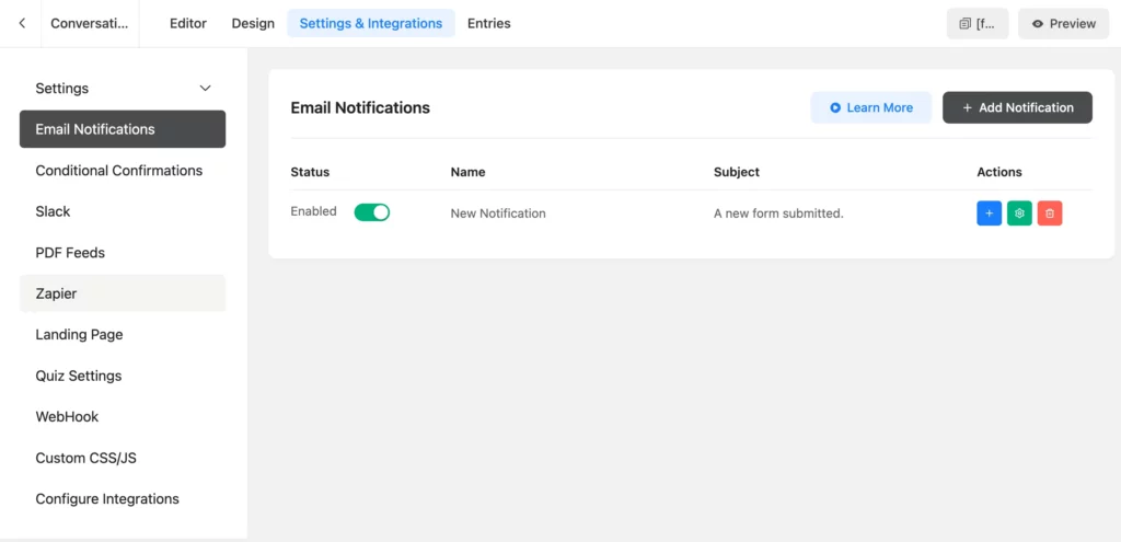 Notification settings for form submission on WordPress.