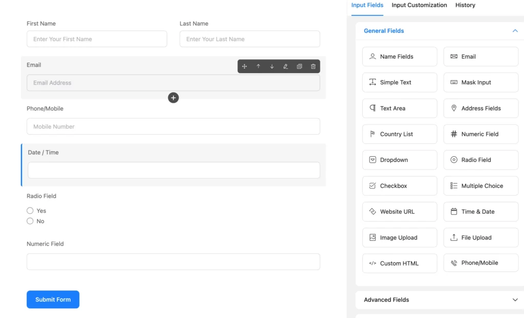 Add necessary fields from the Fluent Form input fields with a single click or just drag and drop.