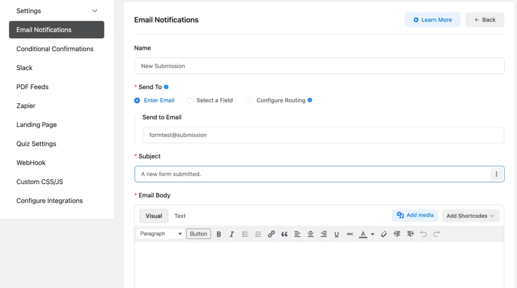 Fluent Forms form submission notification settings.