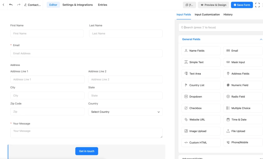 Add and customize input fields easily with Fluent Forms.