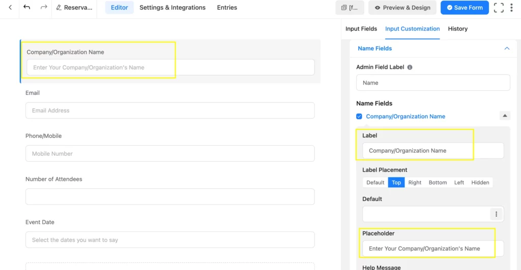 Customize input fields of your WordPress website fields easily using Fluent Forms: deit the label, or placeholder.