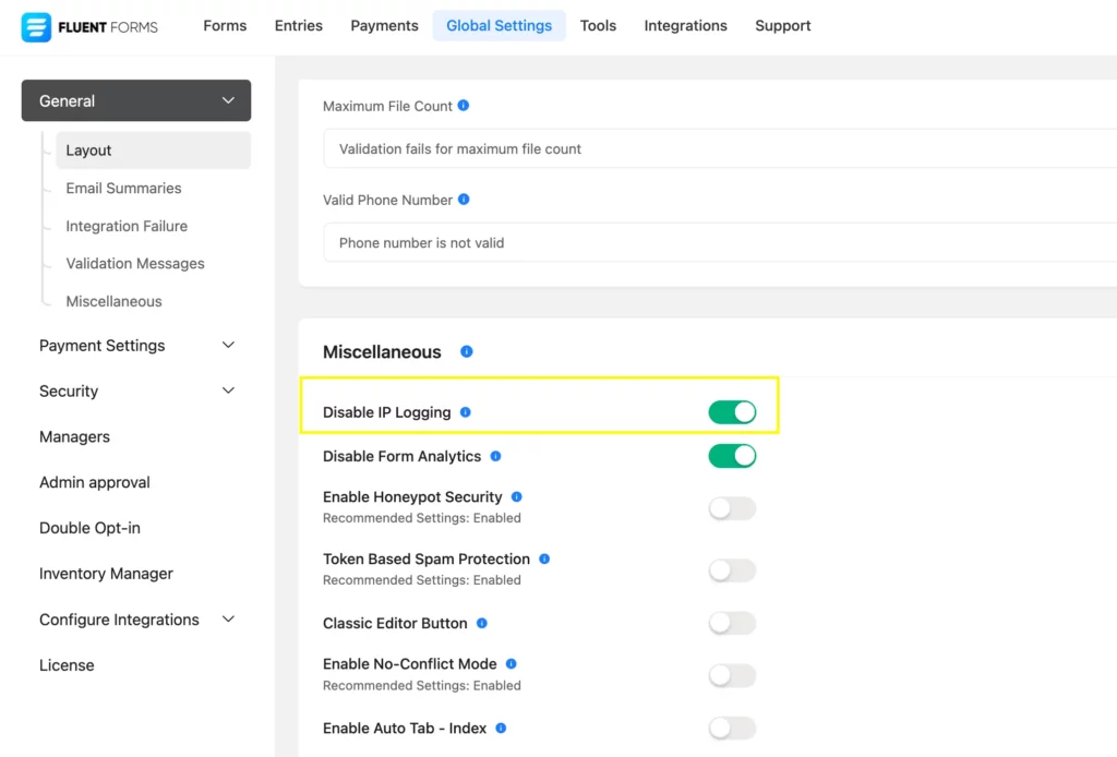 Disable IP Logging on Fluent Forms - create anonymous forms.