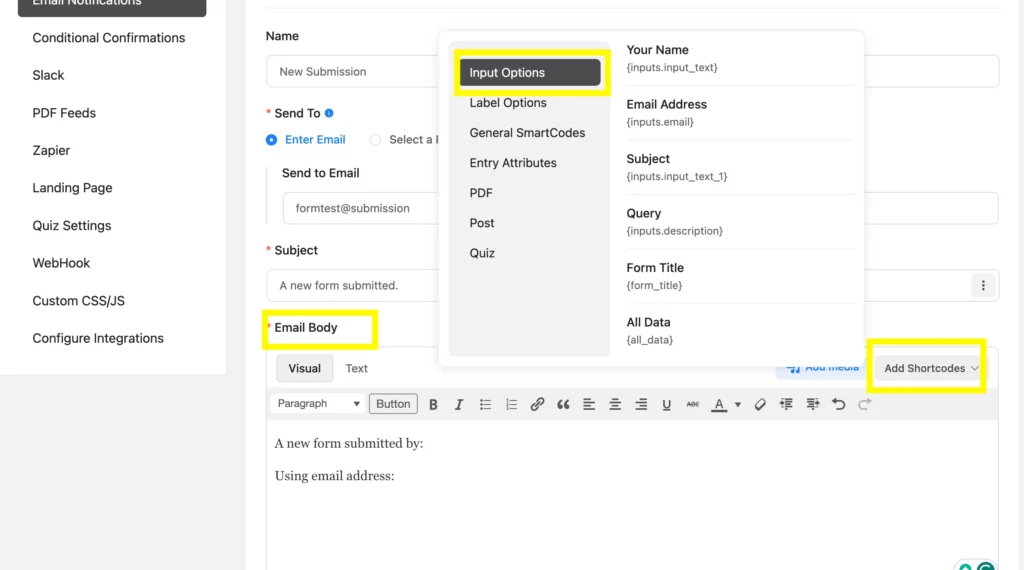 Form submission notification email body and subject change.
