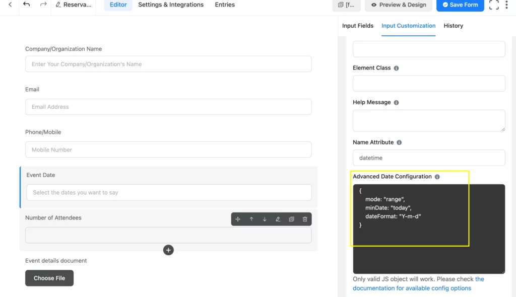 Use JS code in Fluent Forms to make reservation forms more effective with date range.