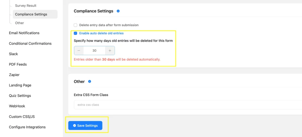 Enable auto delete form entries after specific days on WordPress using Fluent Forms