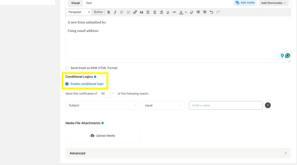Email notification setting once a form submitted, with enabling conditional logic.