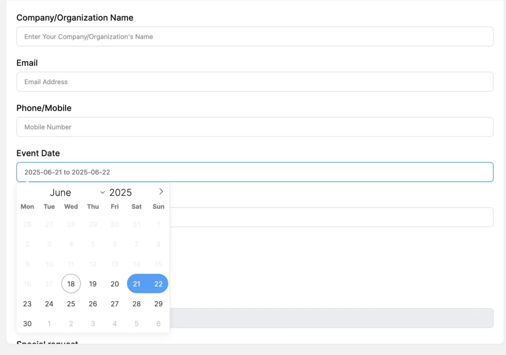 Preview/example of Fluent Forms reservation forms for WordPress.