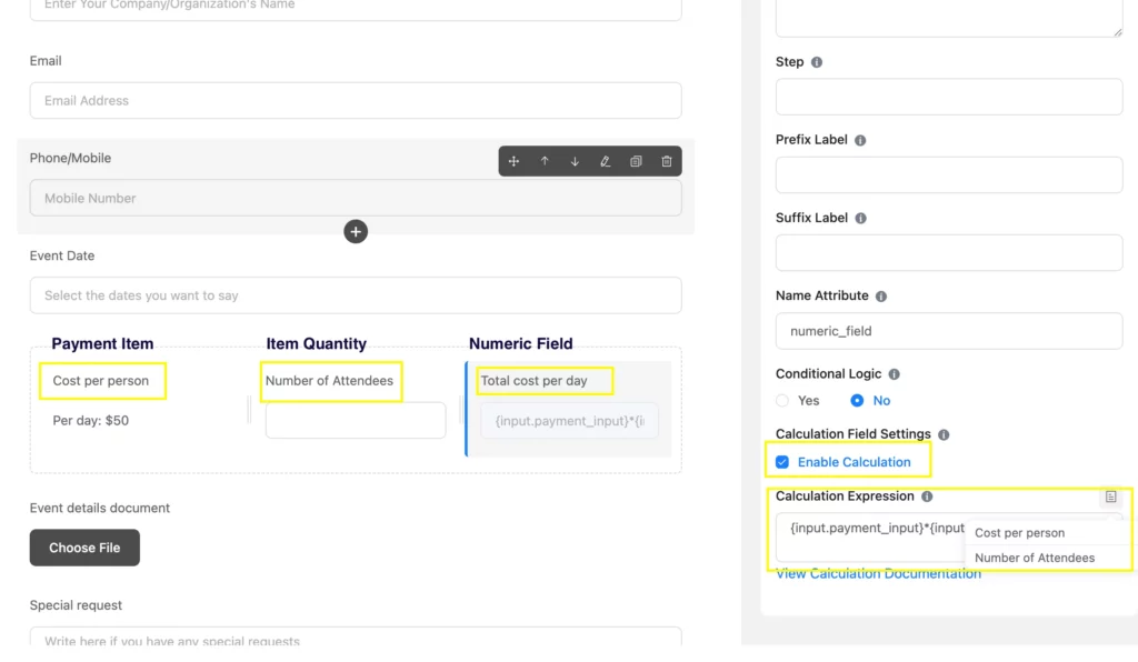 Set up the calculation fields with payment item, quantity, and numeric field to create reservation forms for your WordPress site. 