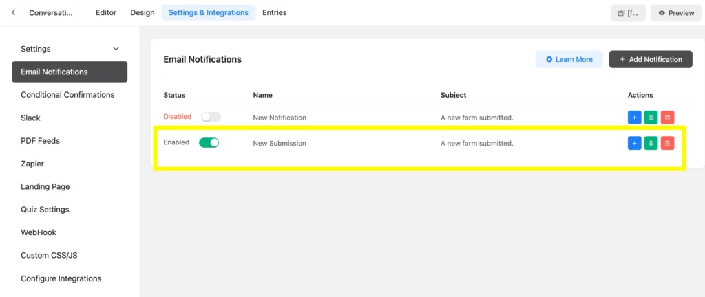 How to enable notification on WordPress when someone submist a form.