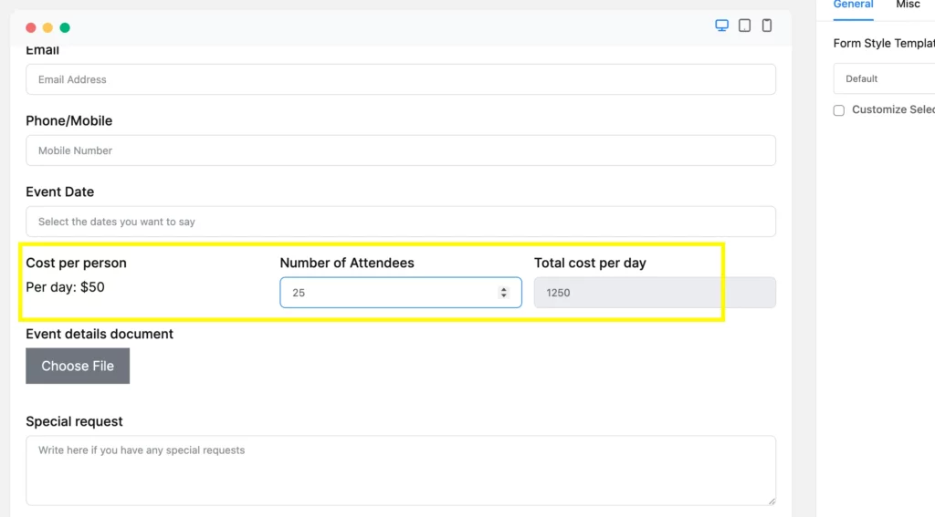 Previw/example of WordPress site's form including multi-column field and numeric calculation using Fluent Forms.