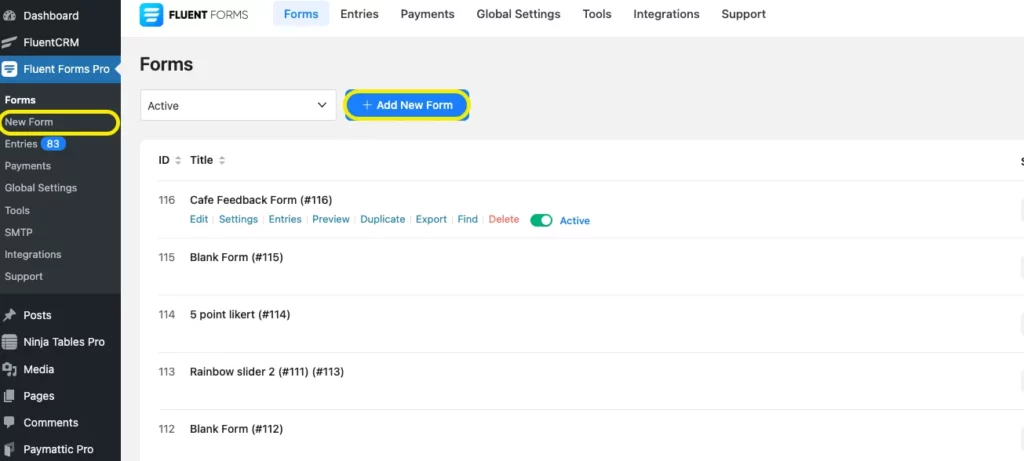 Create contact form from Fluent Forms dashboard