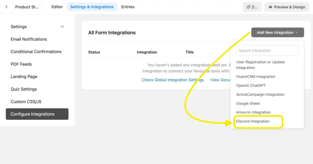 Adding Discord integration to a Fluent Forms form from the form settings panel