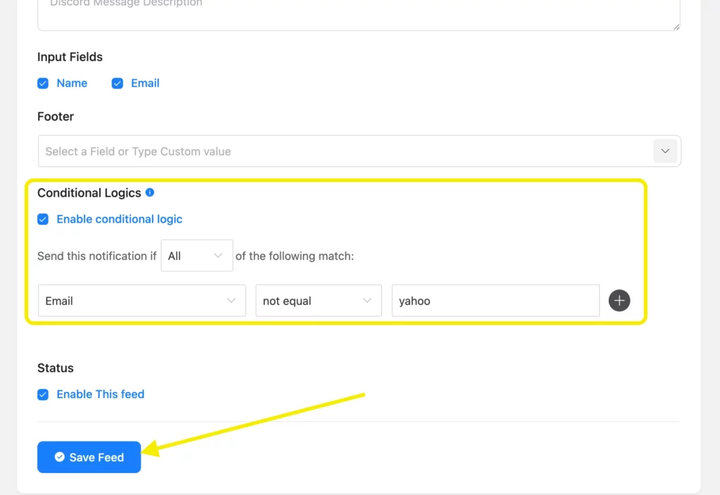 Fluent Forms Discord feed setup with conditional logic for sending targeted alerts

