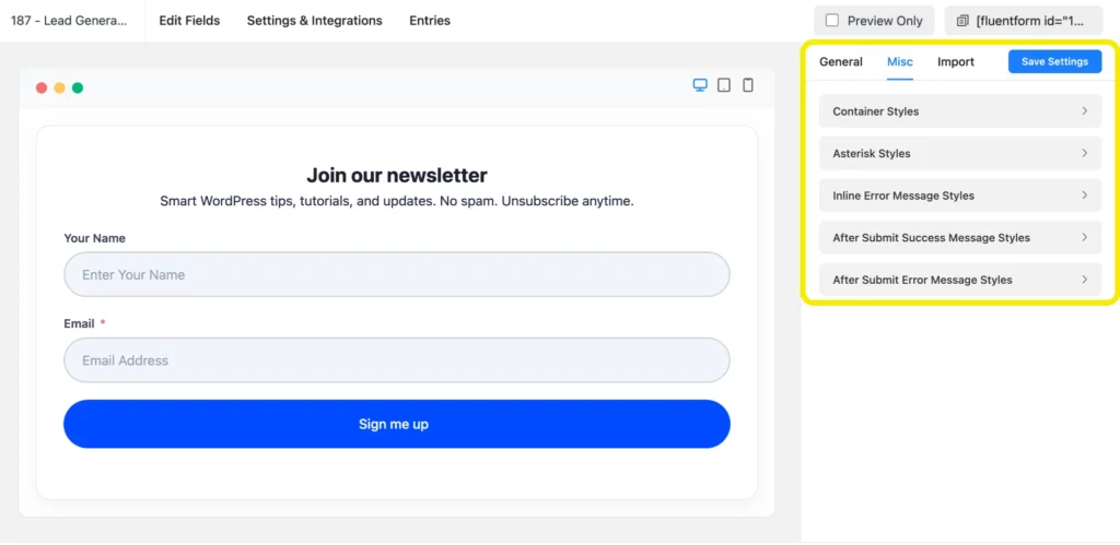 Modern Fluent Forms newsletter signup design preview inside WordPress