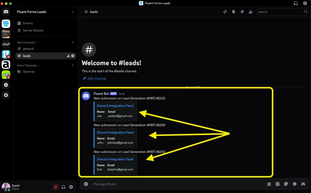 Discord notification for form submissions by Fluent Forms