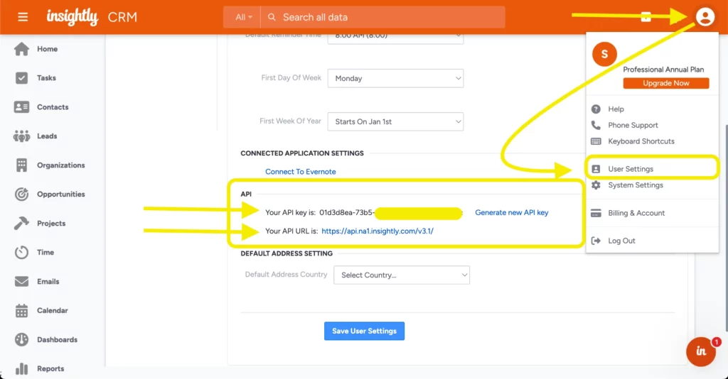 Insightly CRM- User Settings- API Key and API URL