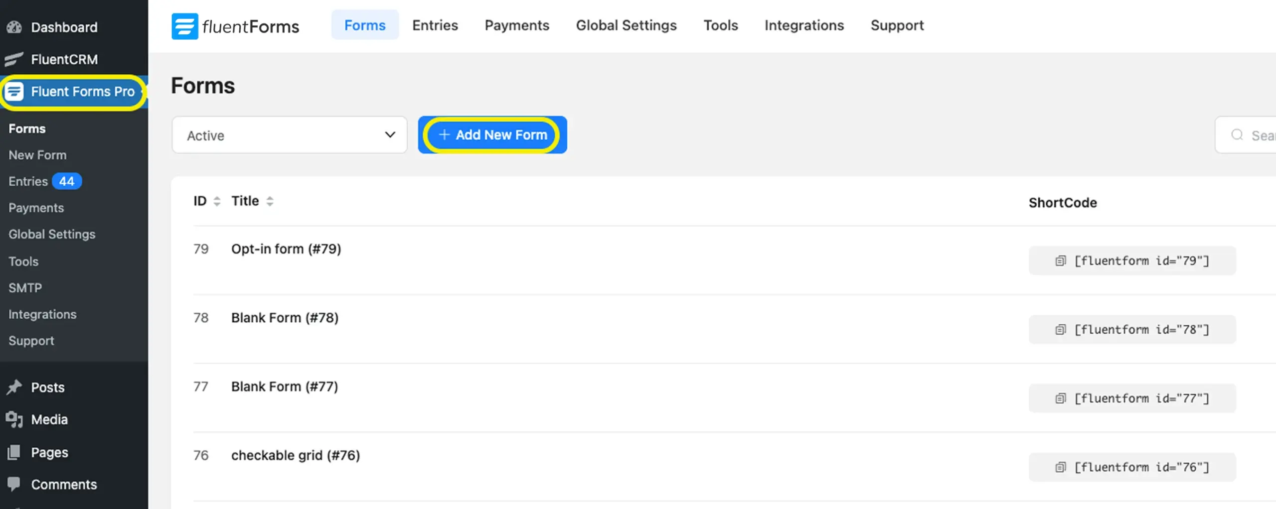 Add new form- Fluent Forms Dashboard in WordPress