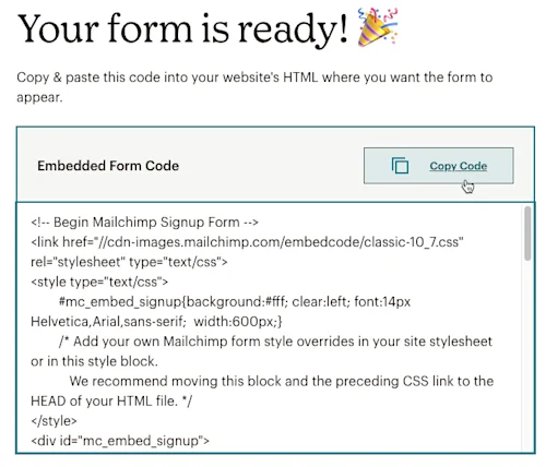 Mailchimp embedded signup form code