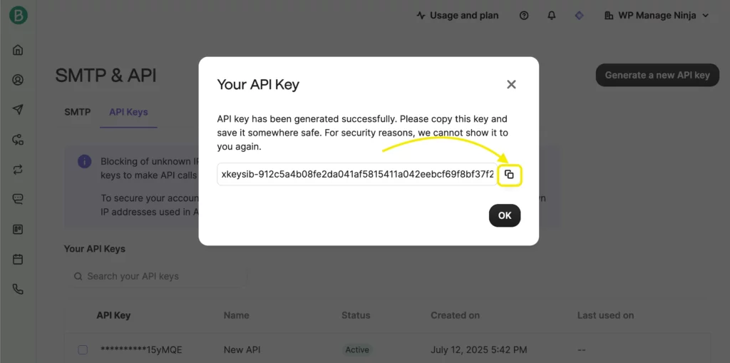 Copy API key- Brevo (Formerly Sendinblue)