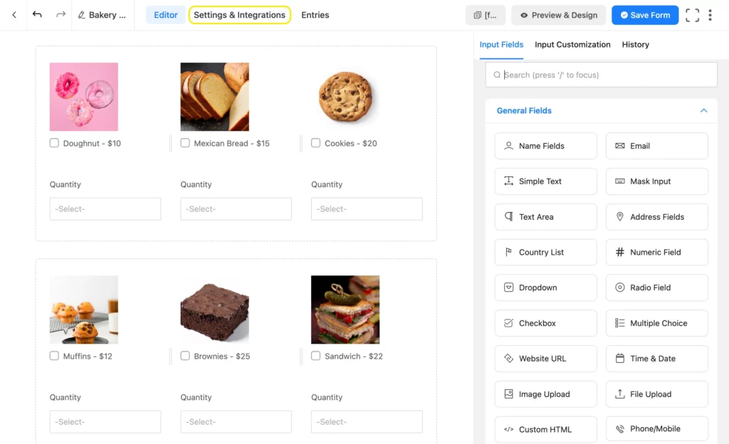 Create a form and navigate to settings and integrations