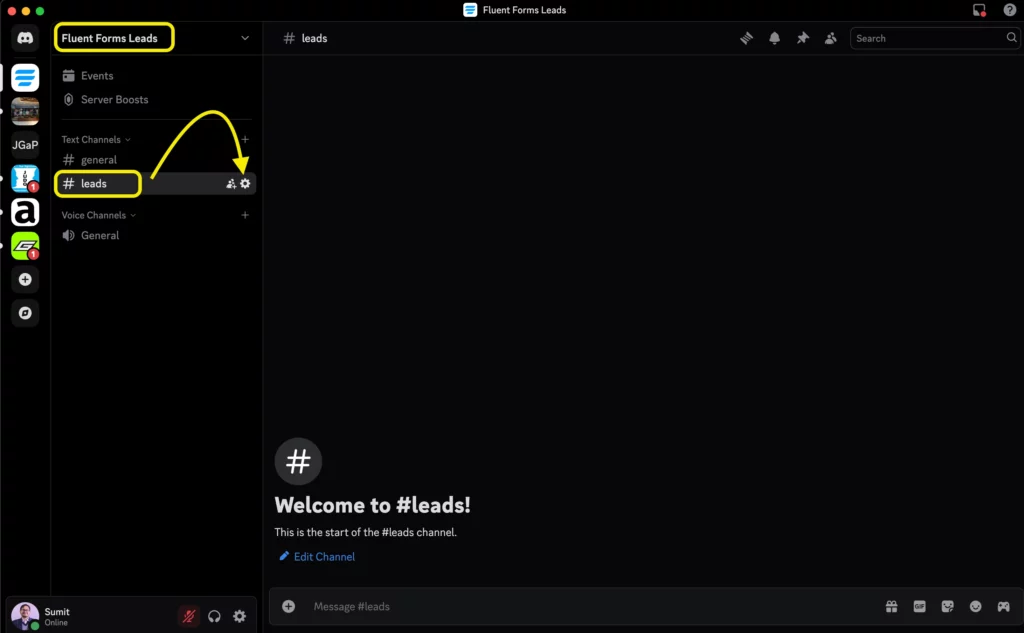 Discord channel integrations settings showing how to access webhook options for Fluent Forms