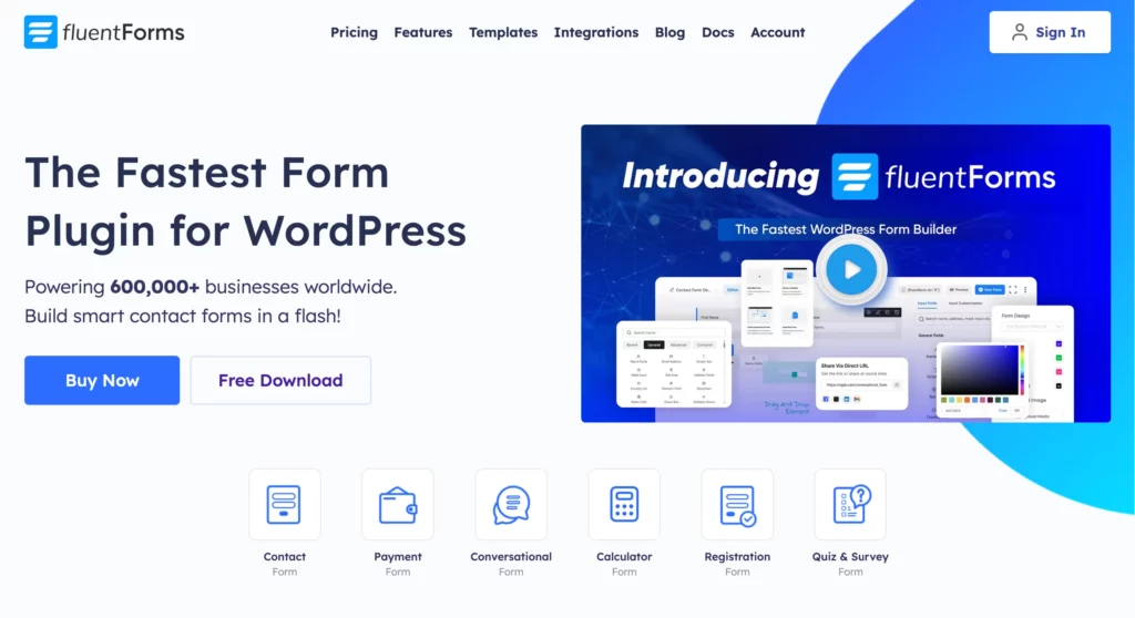 Fluent Forms homepage