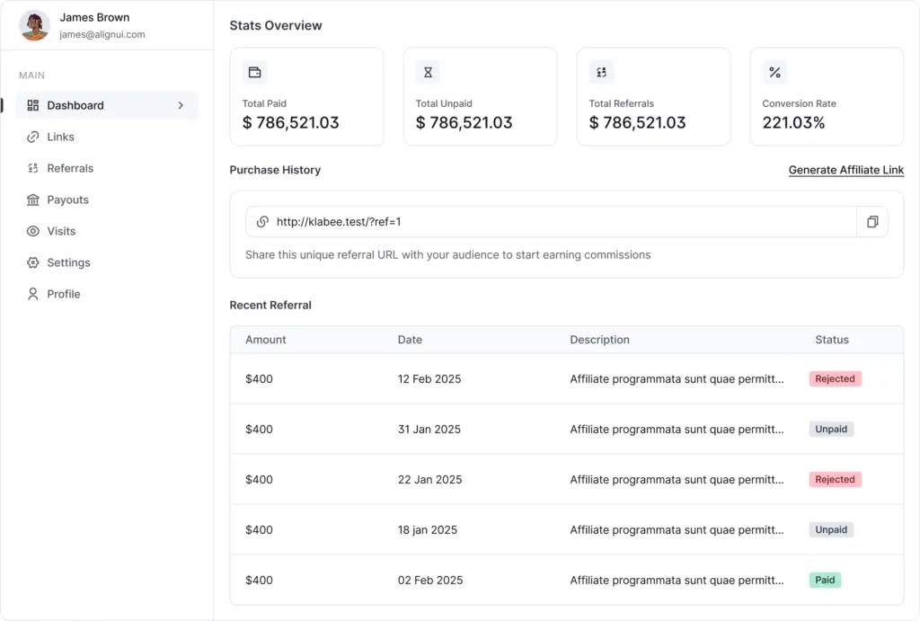 FluentAffiliate affiliate dashboard