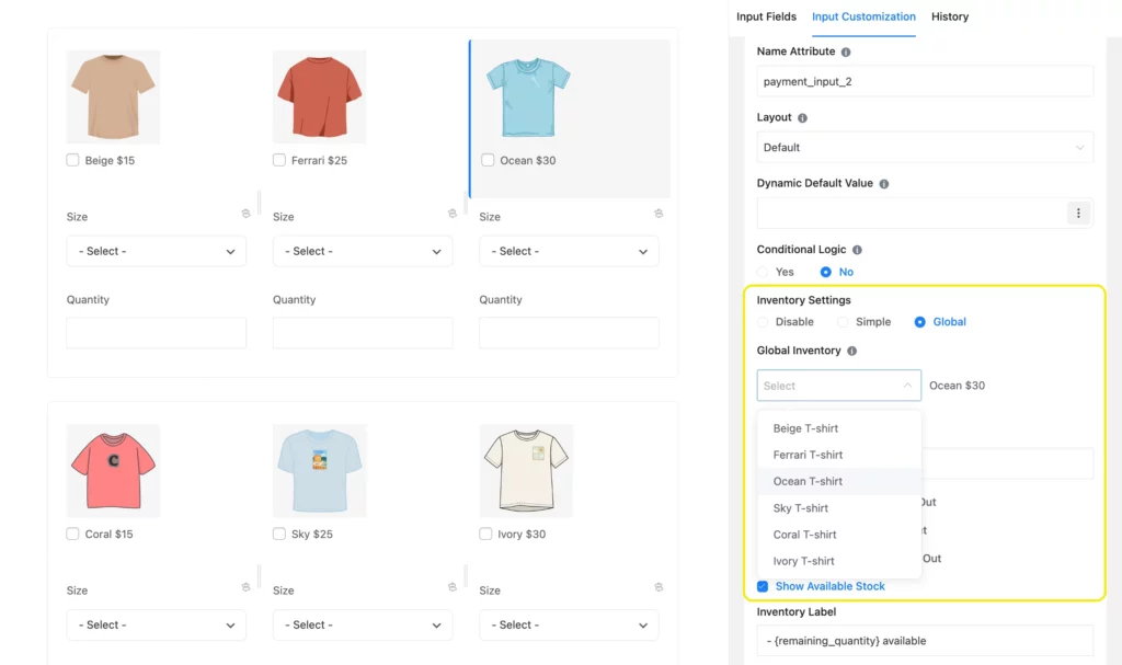 Inventory settings in your order form