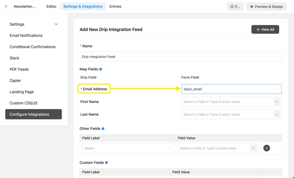 Input Field Mapping- Drip integration Fluent Forms