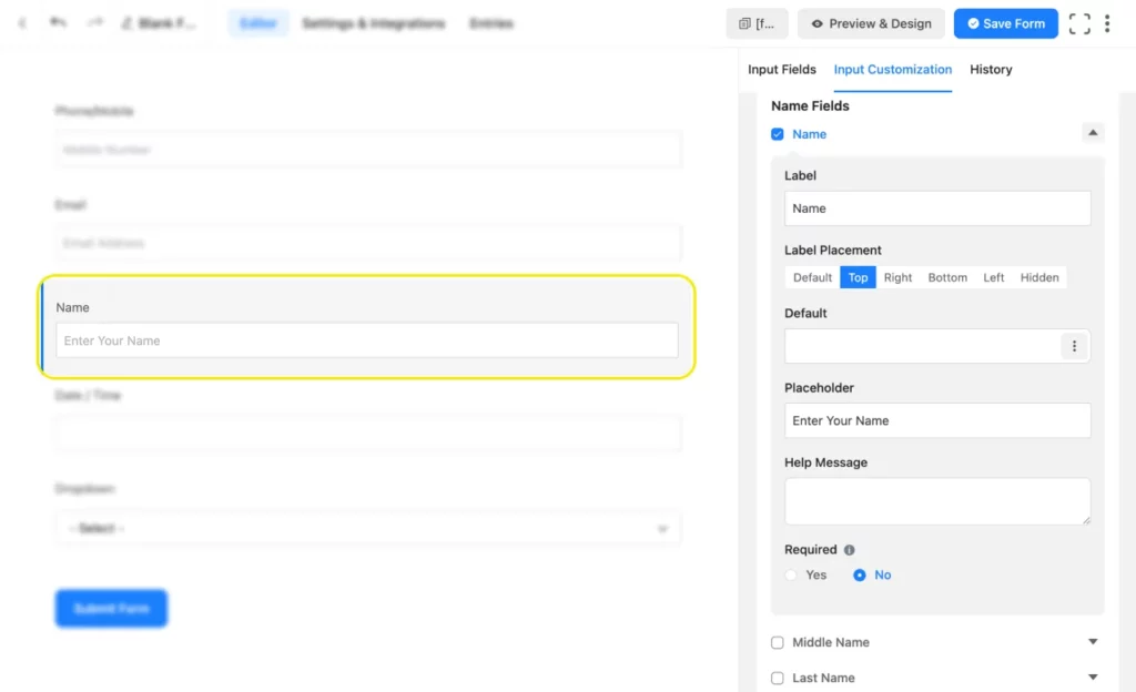 Name fields Fluent Forms
