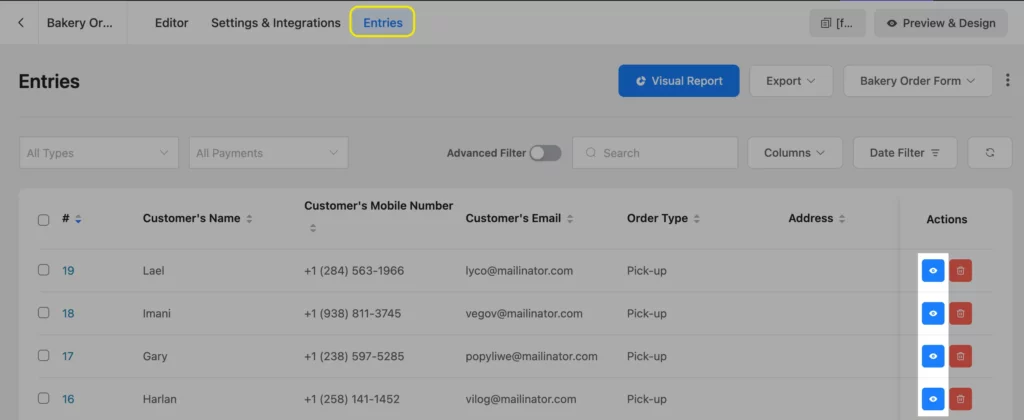 Navigate to entries and click open individual entries to view that users PDF summary