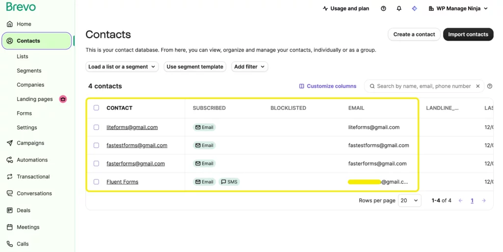 Brevo dashboard-Contacts