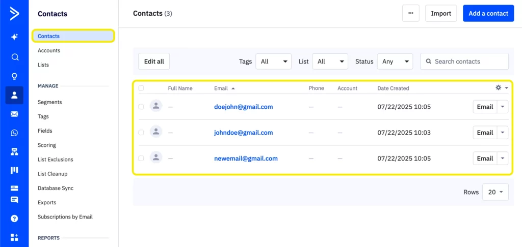 ActiveCampaign contacts list displaying form-submitted user emails with date created and status panel