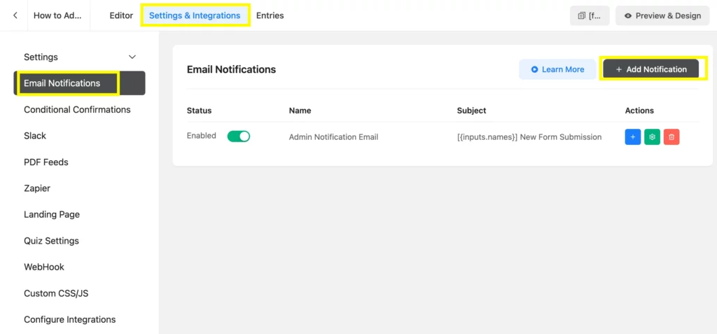 Simply enable email notifications from Settings and Integrations on your Fluent Forms dashboard.