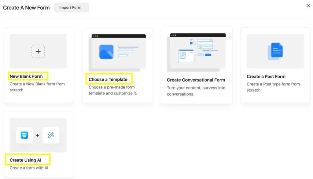Create forms using Fluent Forms template or AI form builder, or simply create a new blank form.