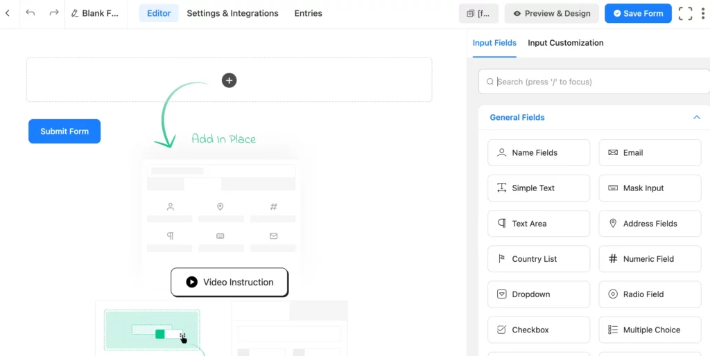 Fluent Forms editor page interface.