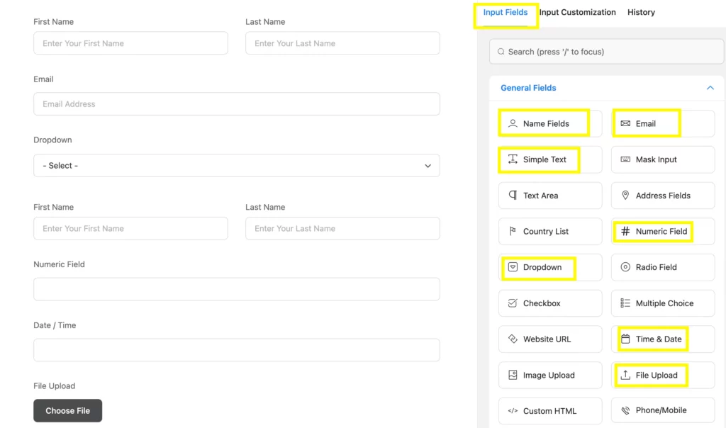 Simply choose necessary input fields from the Fluent Forms editor page.