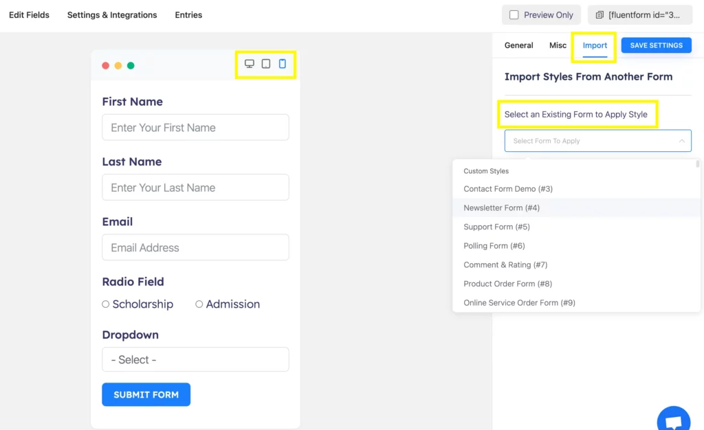 Import form styles on Fluent Forms and check responsiveness in the preview.