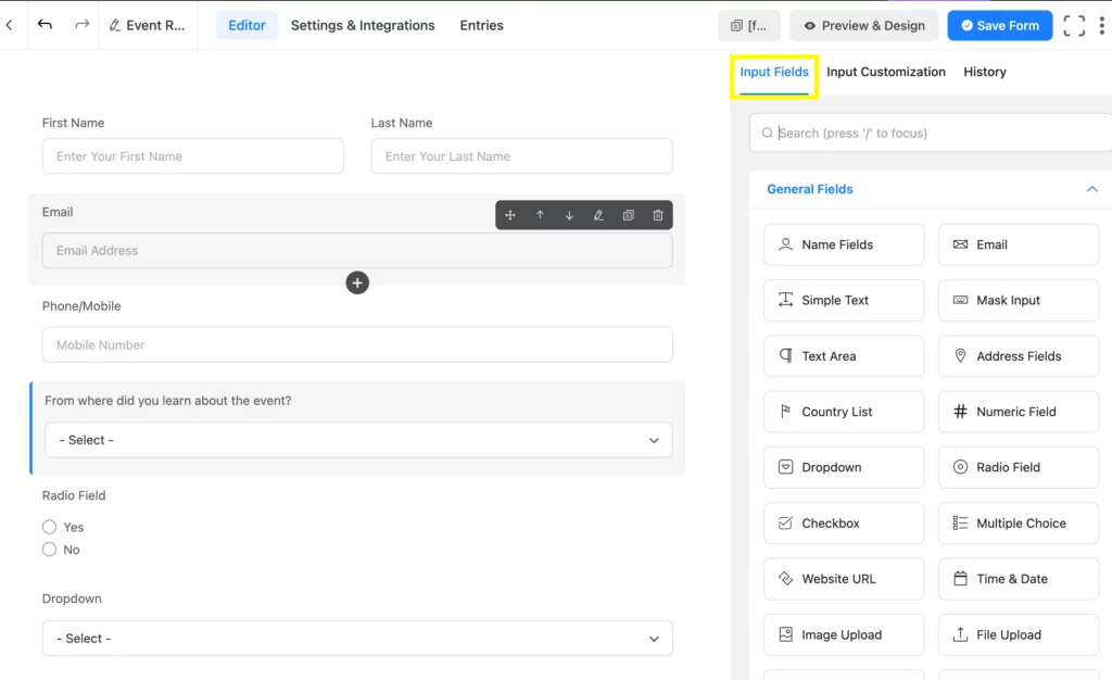 Add Fluent Forms input fields to create event registration forms.
