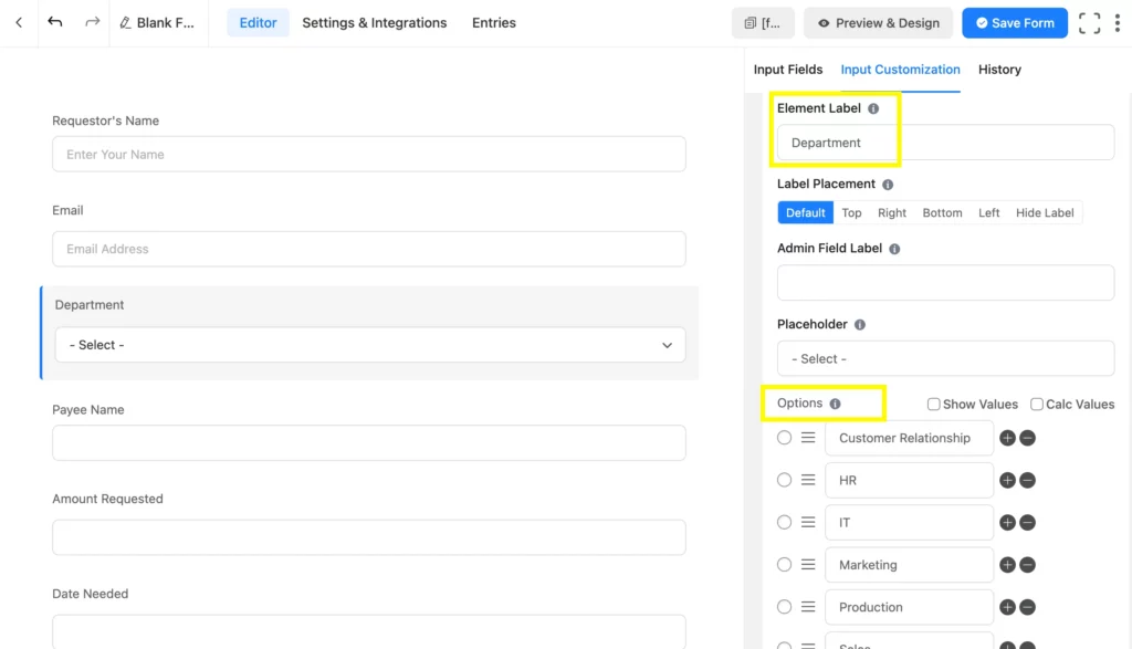 Customize the input fields of Fluent Forms including the Element Label, Admin Field Label, etc, and create check request forms.