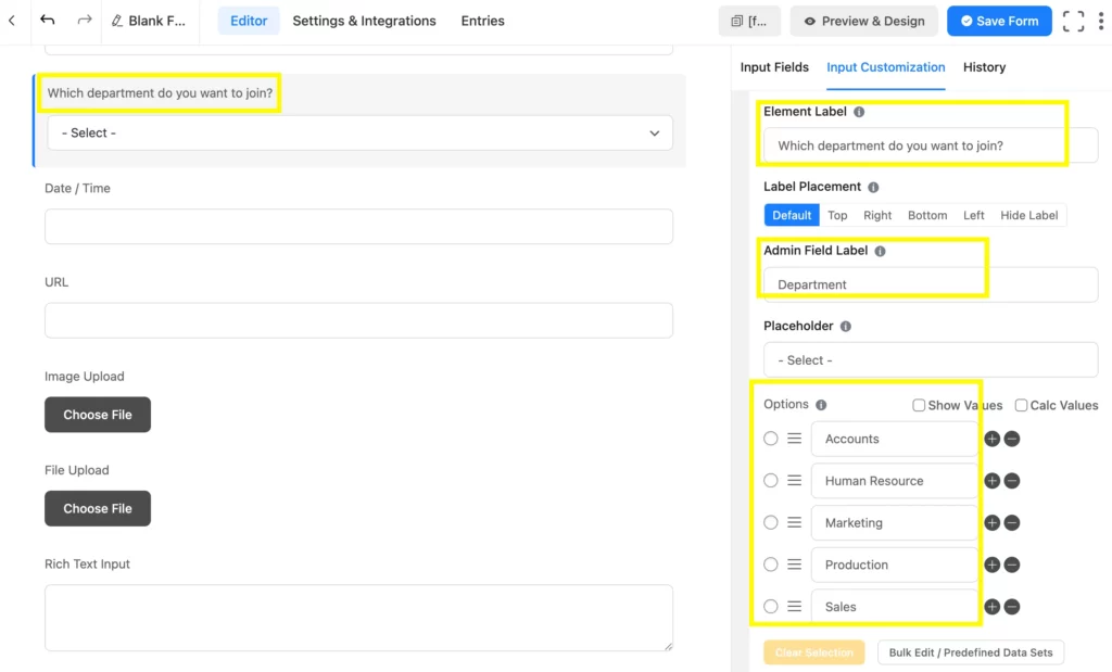 Create customizable job application forms using Fluent Forms and edit the Element Label, Admin Field Label, etc.