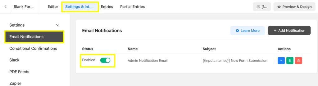 Easily enable email notification on Fluent Forms dashboard.