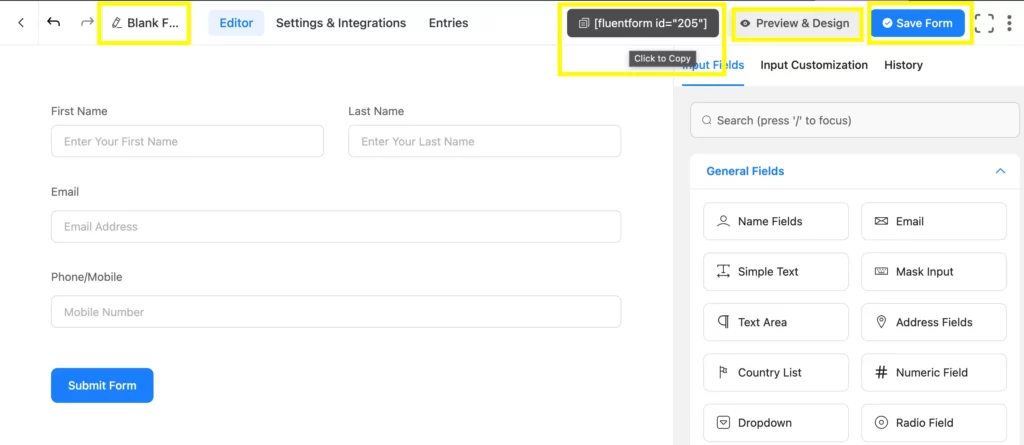 3 final steps to remember before you complete building a form using Fluent Forms: copy the shortcode, check the preview and design, and save form.
